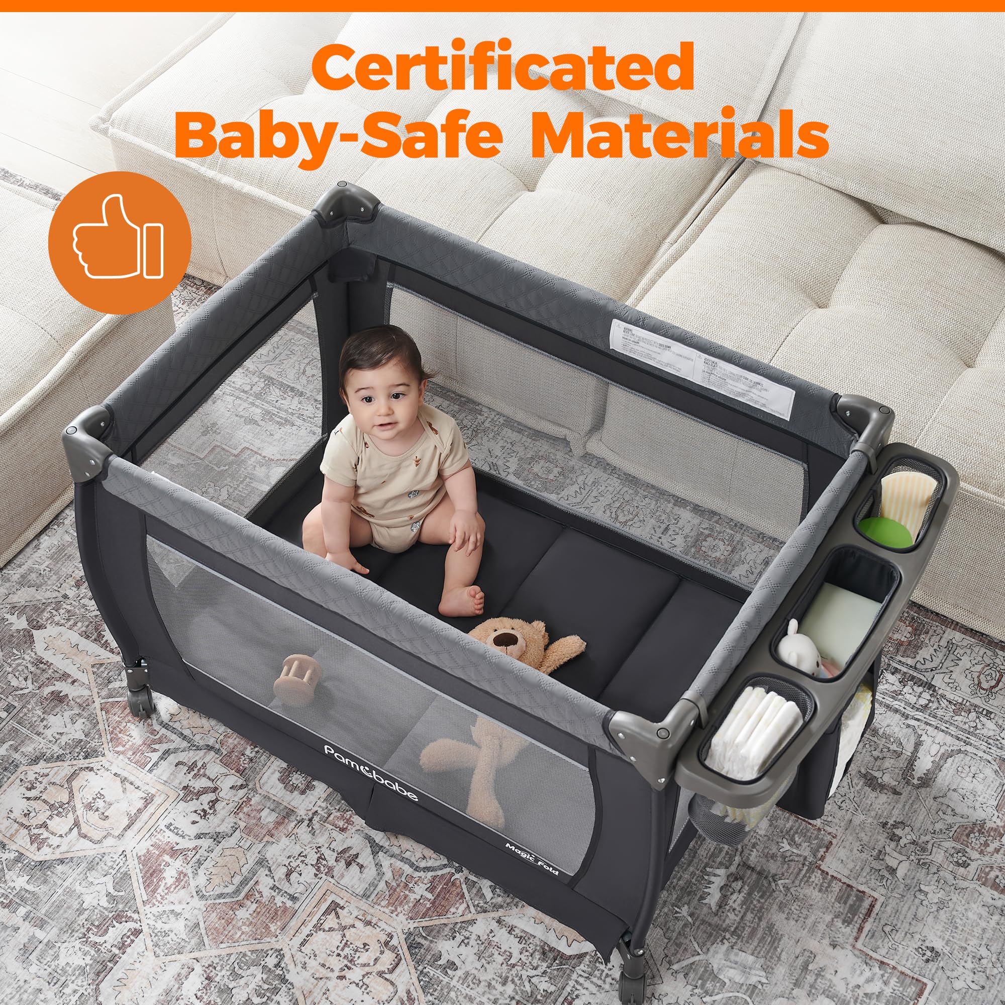 Pamo Babe partition storage keeps baby essentials neatly organized.