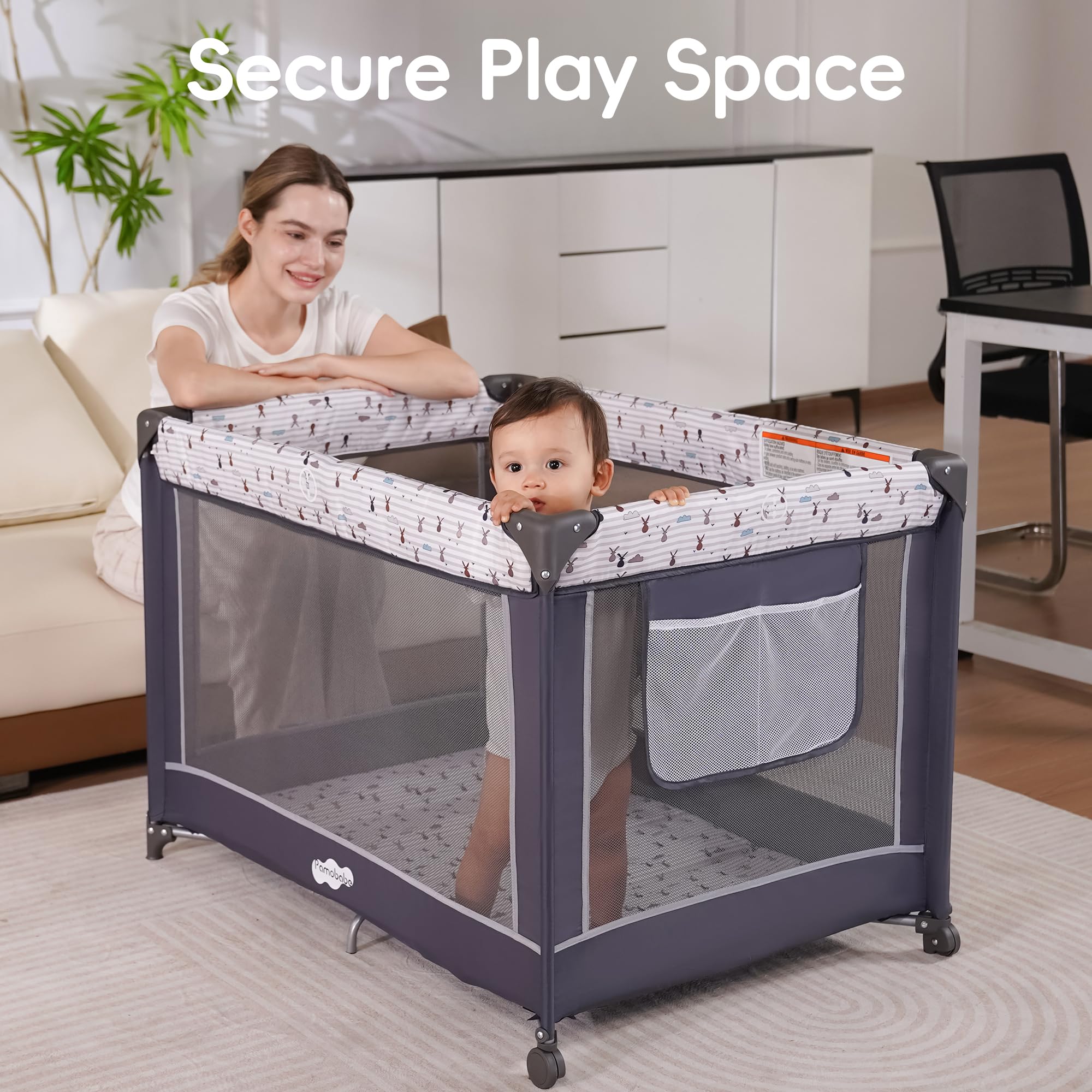 Pamo Babe Pack and Play bassinet detached from playard for quick naps