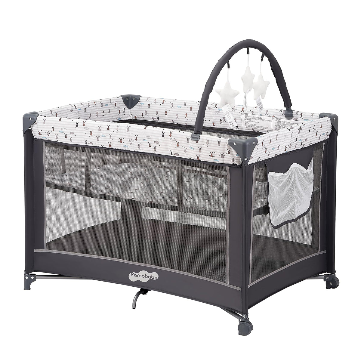 Pamo Babe Pack and Play bassinet folded for compact travel and storage