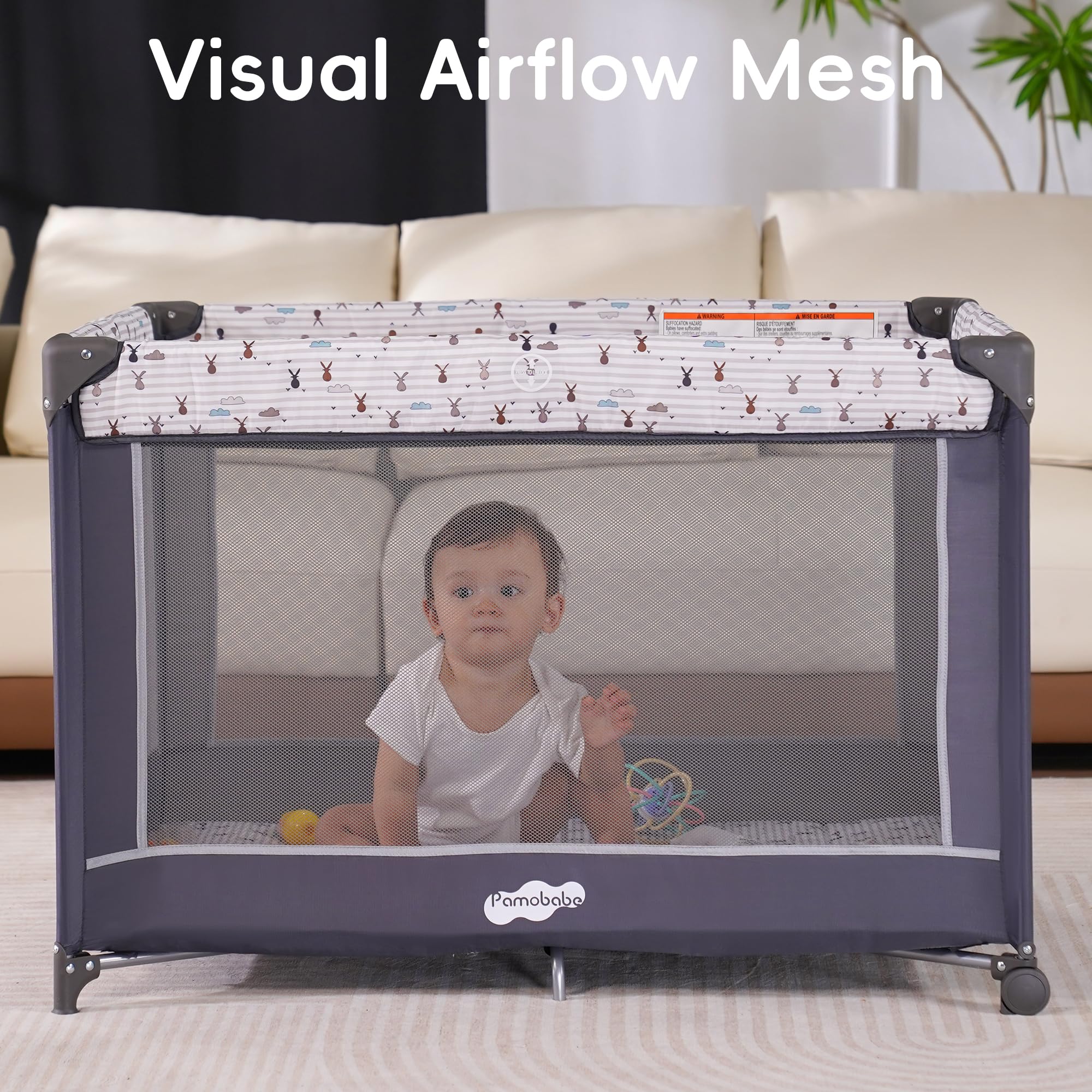 Pamo Babe breathable mesh on the playard promotes visibility and airflow