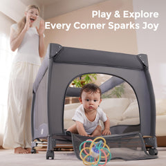 Pamo Babe Pack and Play changing table with wipe-clean surface.