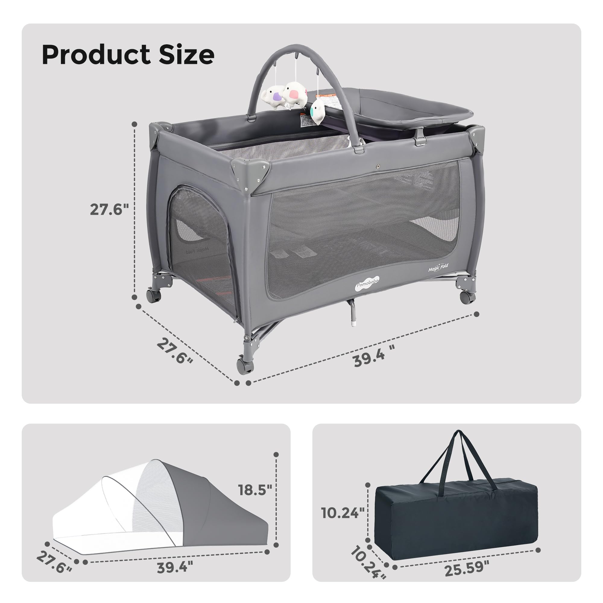 Pamo Babe Pack and Play folded carrying bag for compact travel.