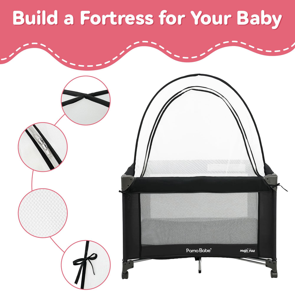 Pamo Babe Pack and Play Tent close-up shows breathable mosquito mesh for airflow