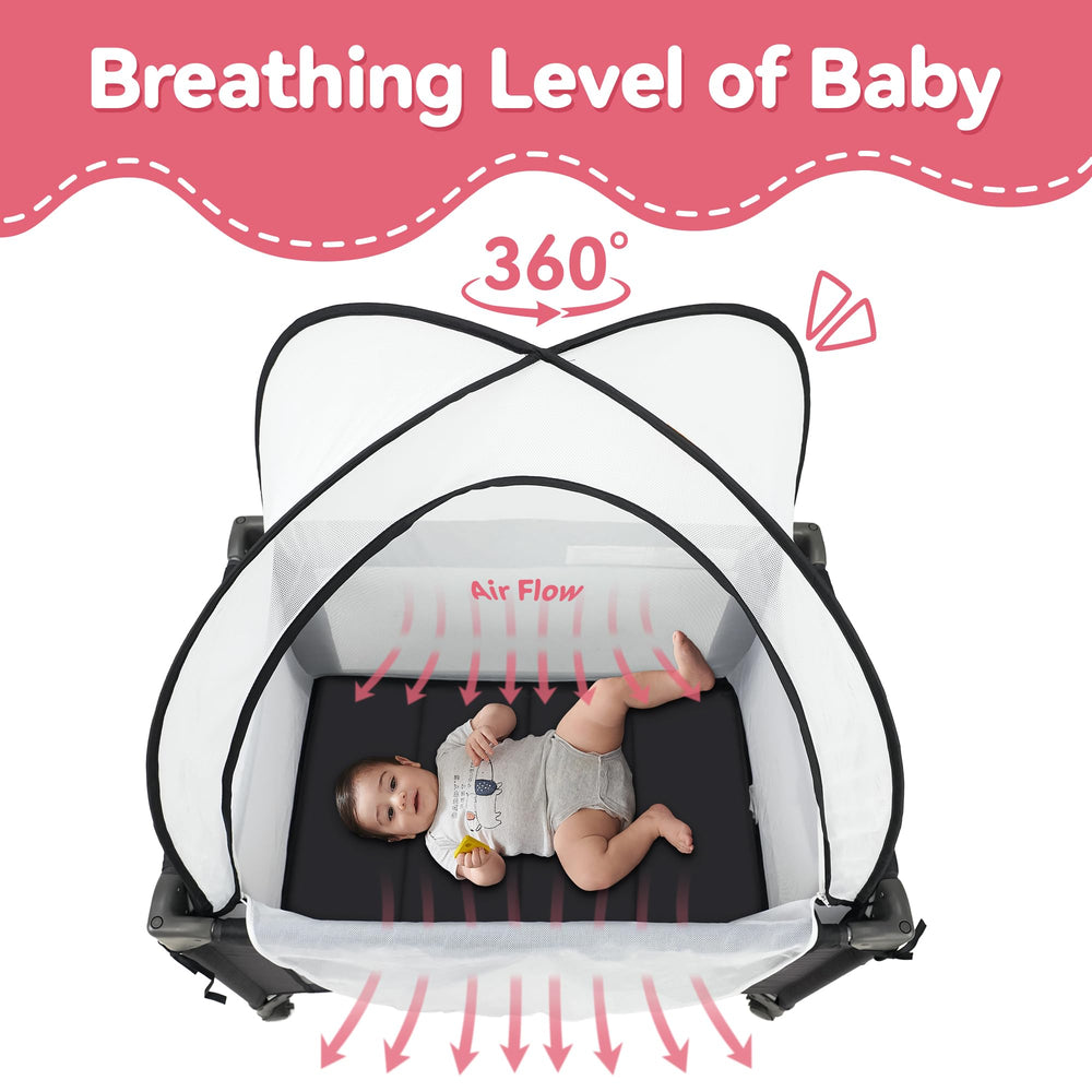 Pamo Babe Pack and Play Tent in use, keeping baby safely contained during playtime
