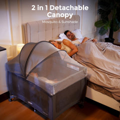 Pamo Babe Pack and Play travel crib ready for sleep away from home.