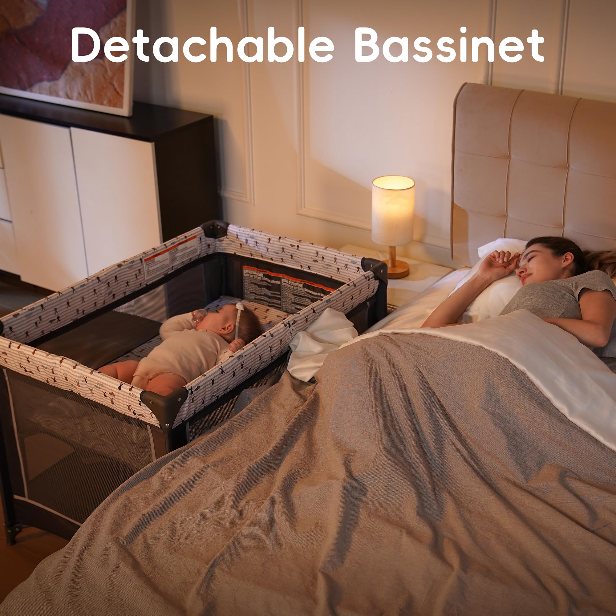 Pamo Babe dual wheels simplify moving the playard between rooms
