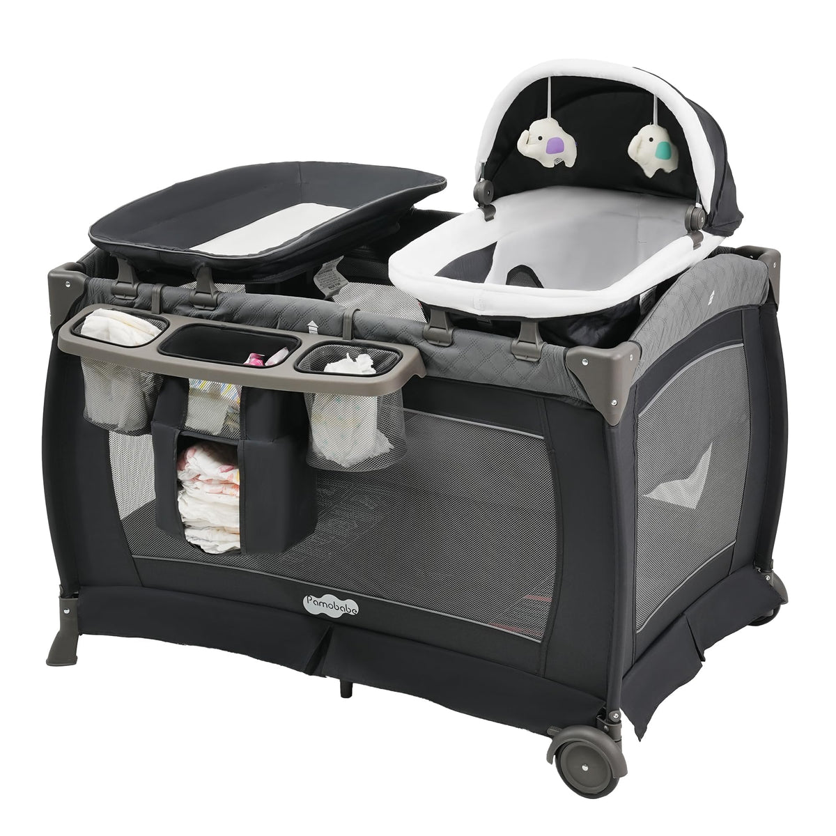 Pamo Babe Playard portable playpen gray overview showing a safe play area for baby.