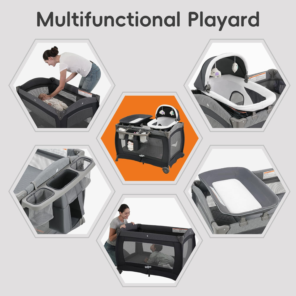 Pamo Babe Playard four-in-one setup gray kid-friendly changing and sleep space.