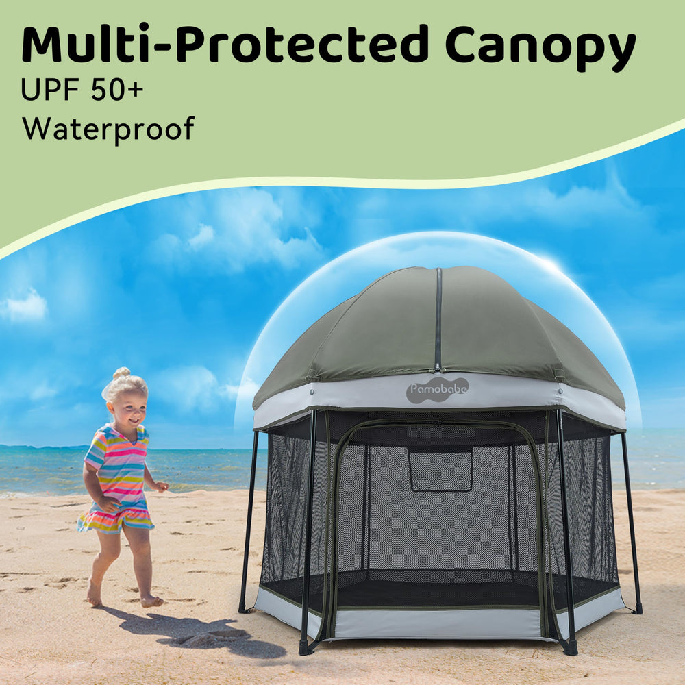 Pamo Babe playpen with canopy demonstrates UV protection for sunny outdoor afternoons.