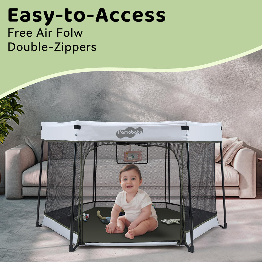 Pamo Babe playpen interior dimensions 54w x 32h inches for spacious play.