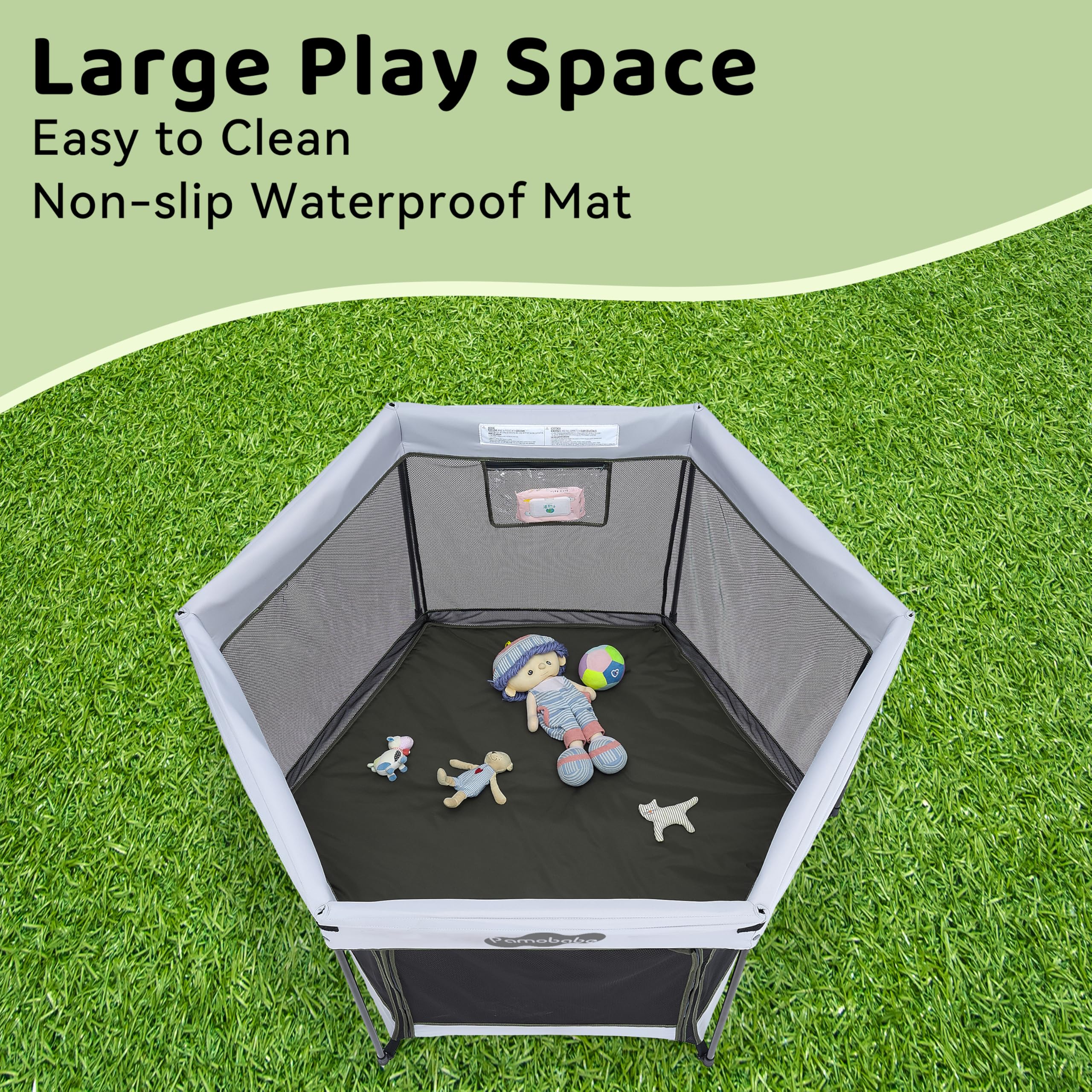 Pamo Babe playpen transparent mesh walls offer breathable visibility during nap times.