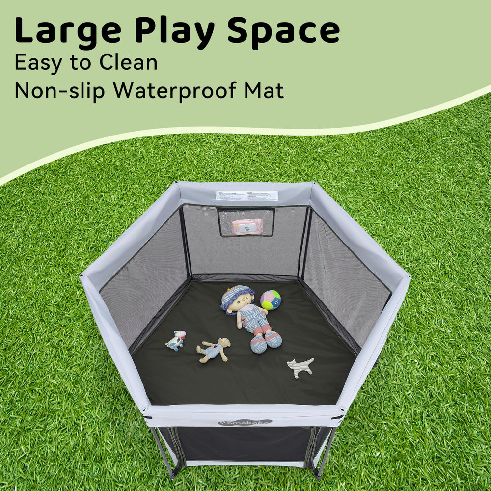 Pamo Babe playpen transparent mesh walls offer breathable visibility during nap times.
