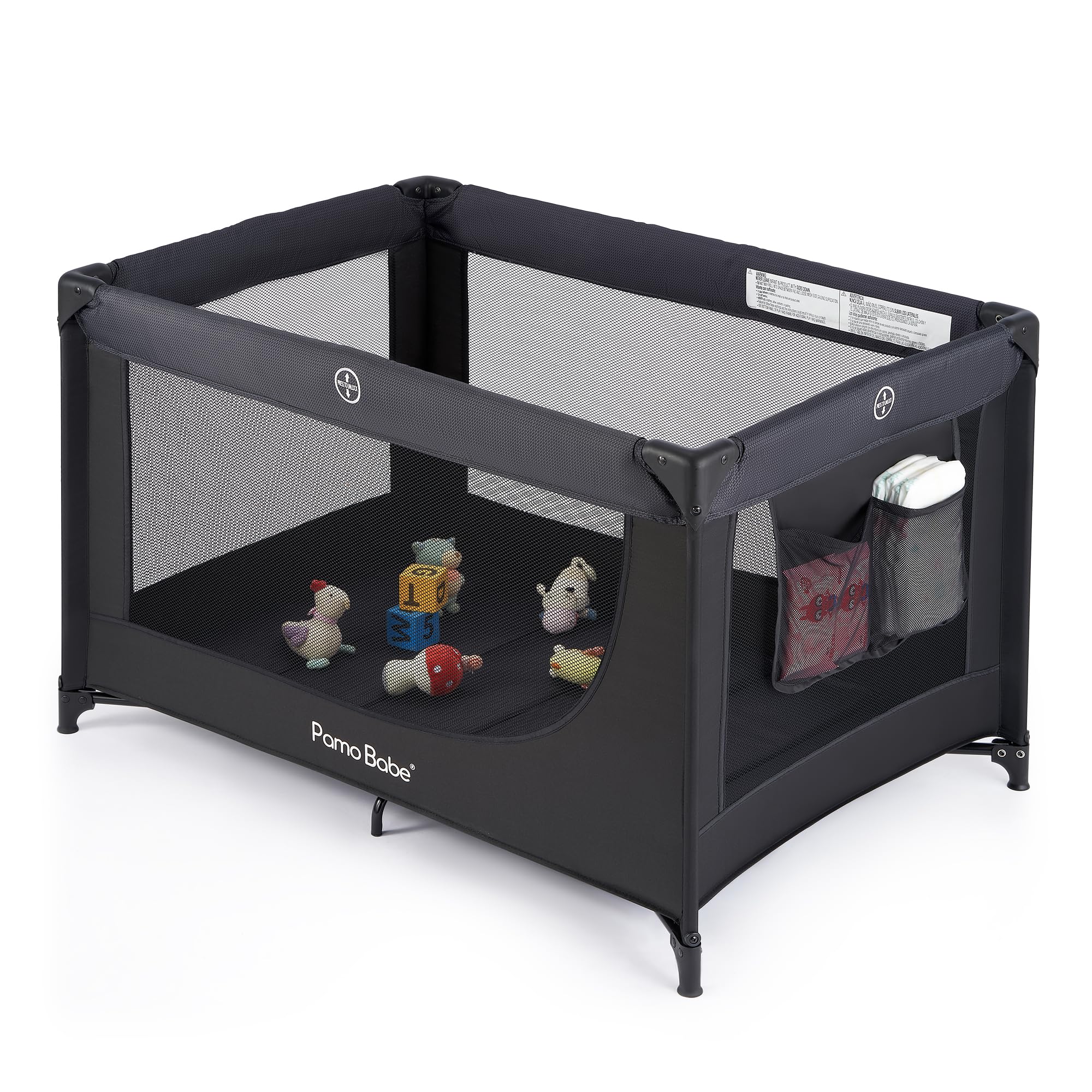 Pamo Babe portable crib playpen black assembled for easy travel and safe play