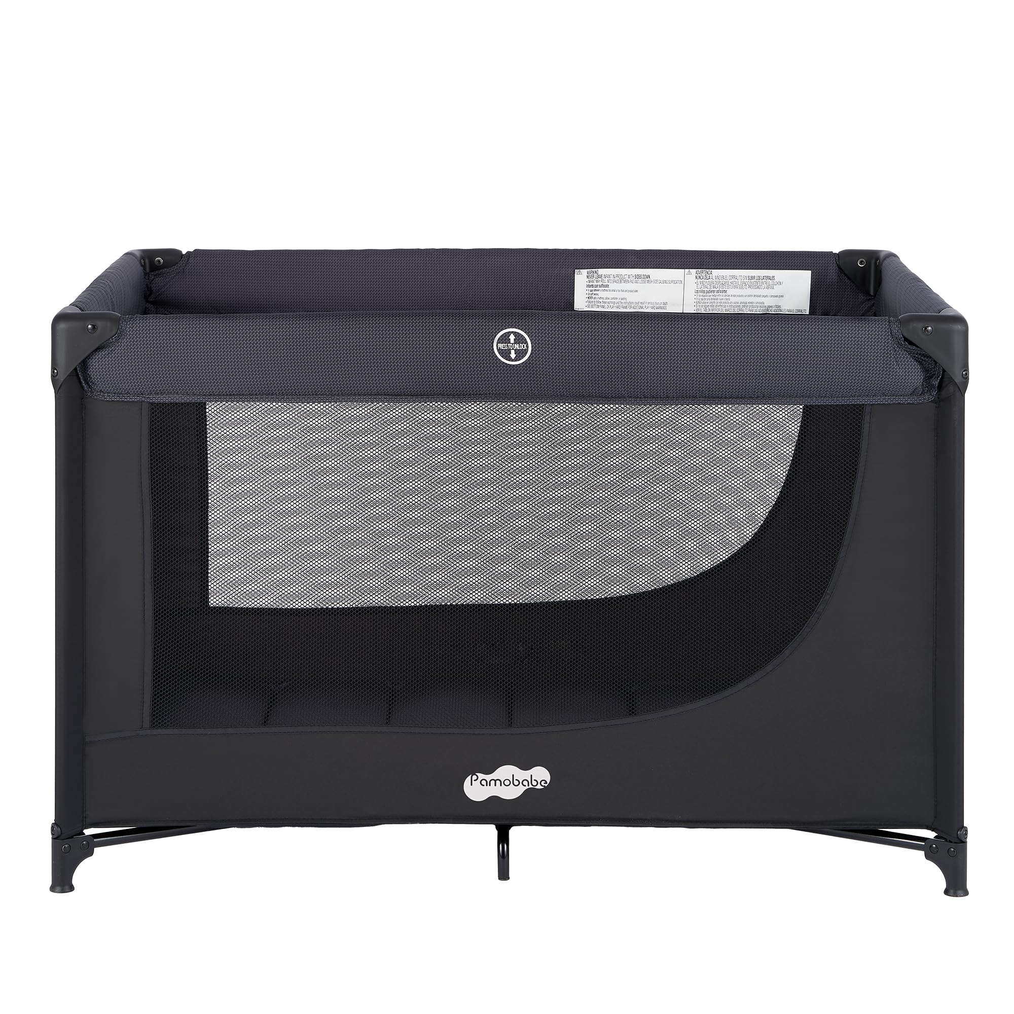 Pamo Babe black baby inside playpen highlighting safety and space