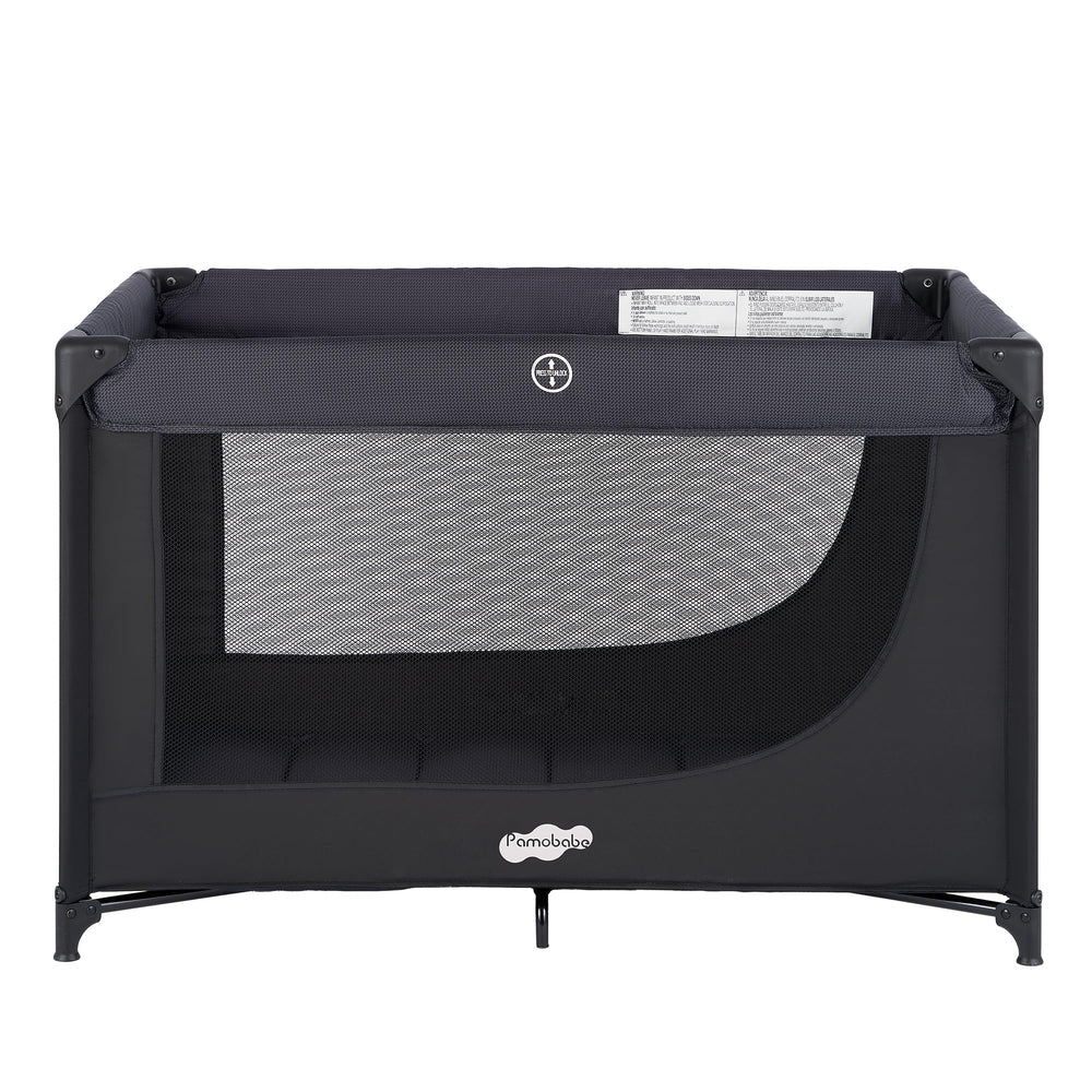 Pamo Babe black baby inside playpen highlighting safety and space