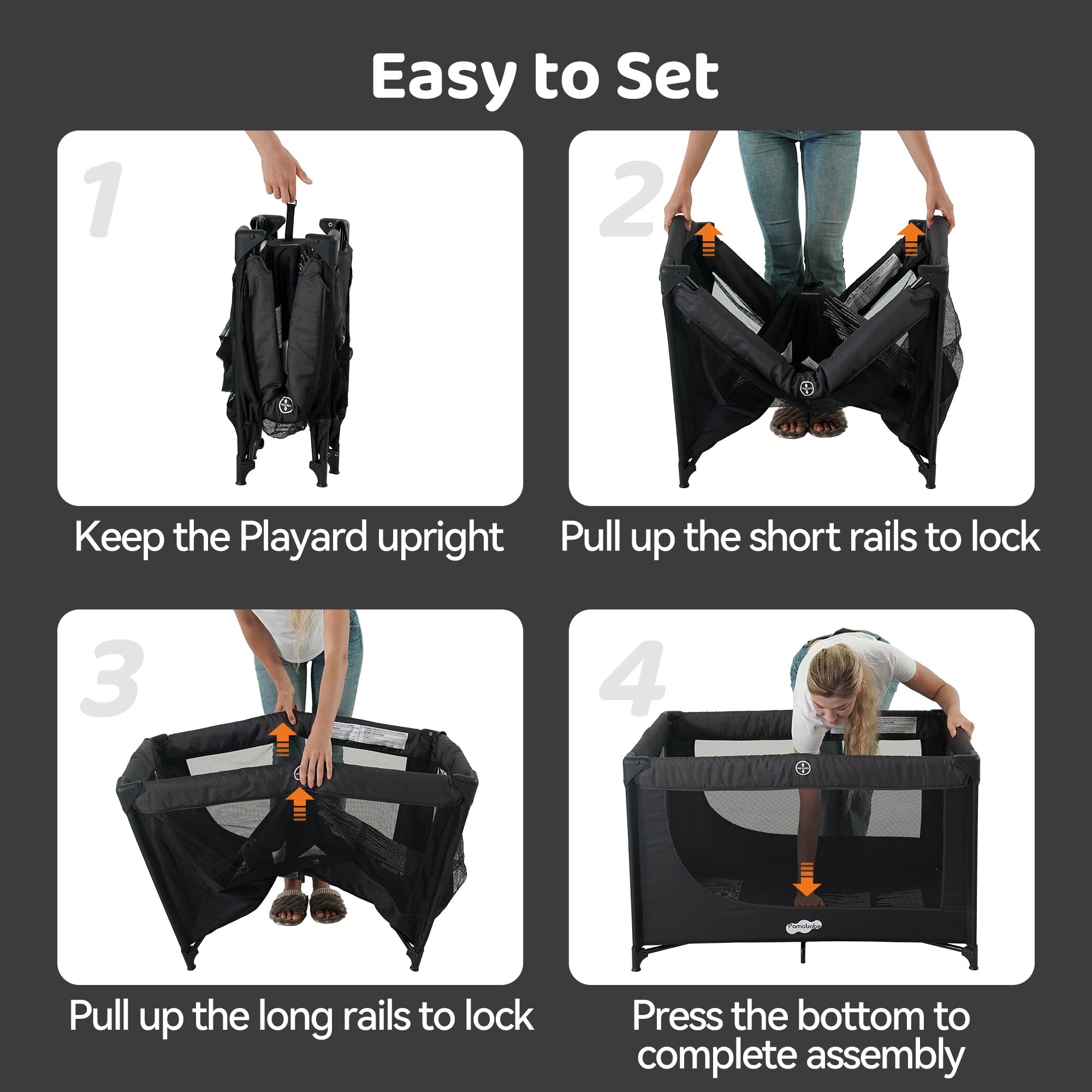 Pamo Babe black playpen in use with baby showing breathable mesh and visibility