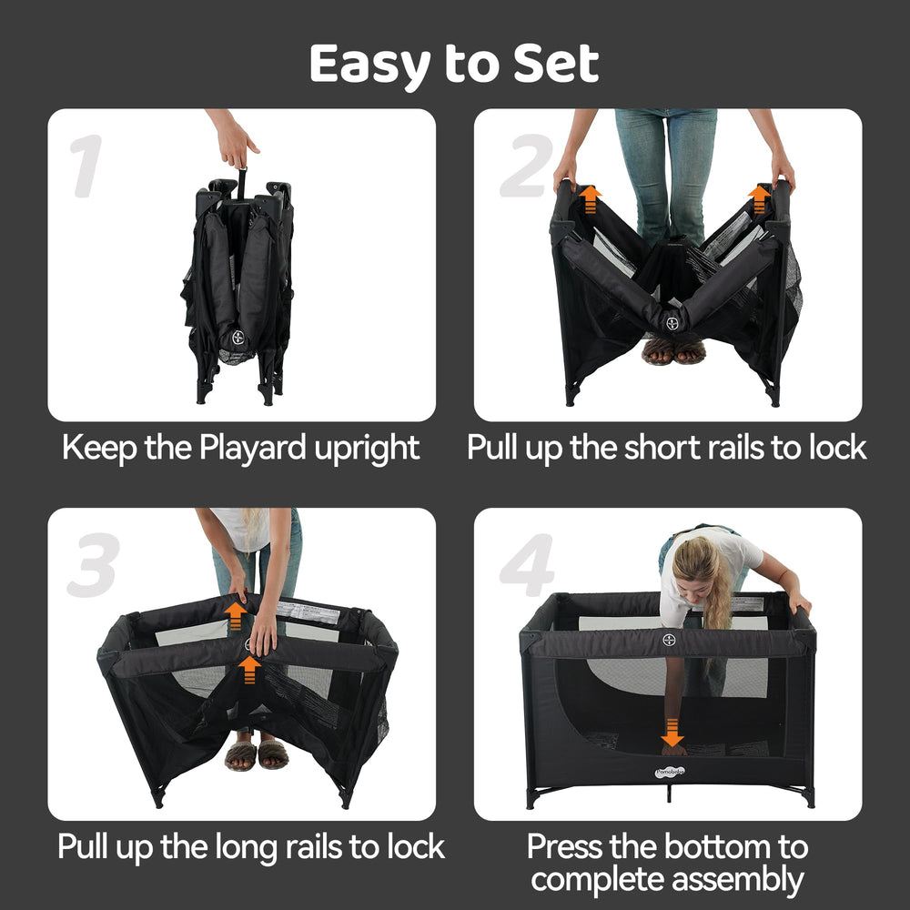 Pamo Babe black playpen in use with baby showing breathable mesh and visibility