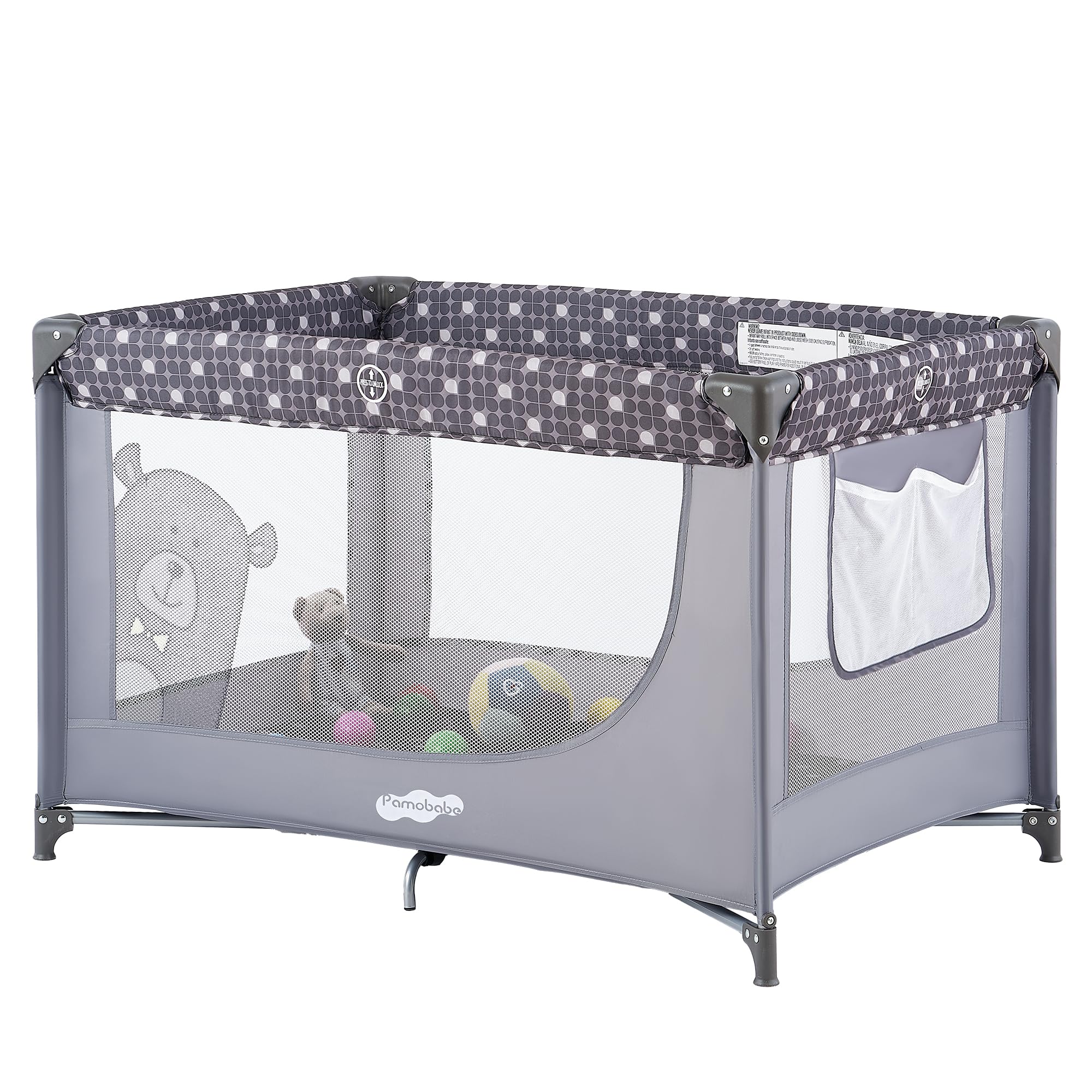 Pamo Babe portable-crib-playpen-grey-front-view offers a safe, breathable space for baby