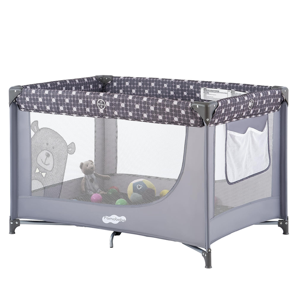 Pamo Babe portable-crib-playpen-grey-front-view offers a safe, breathable space for baby