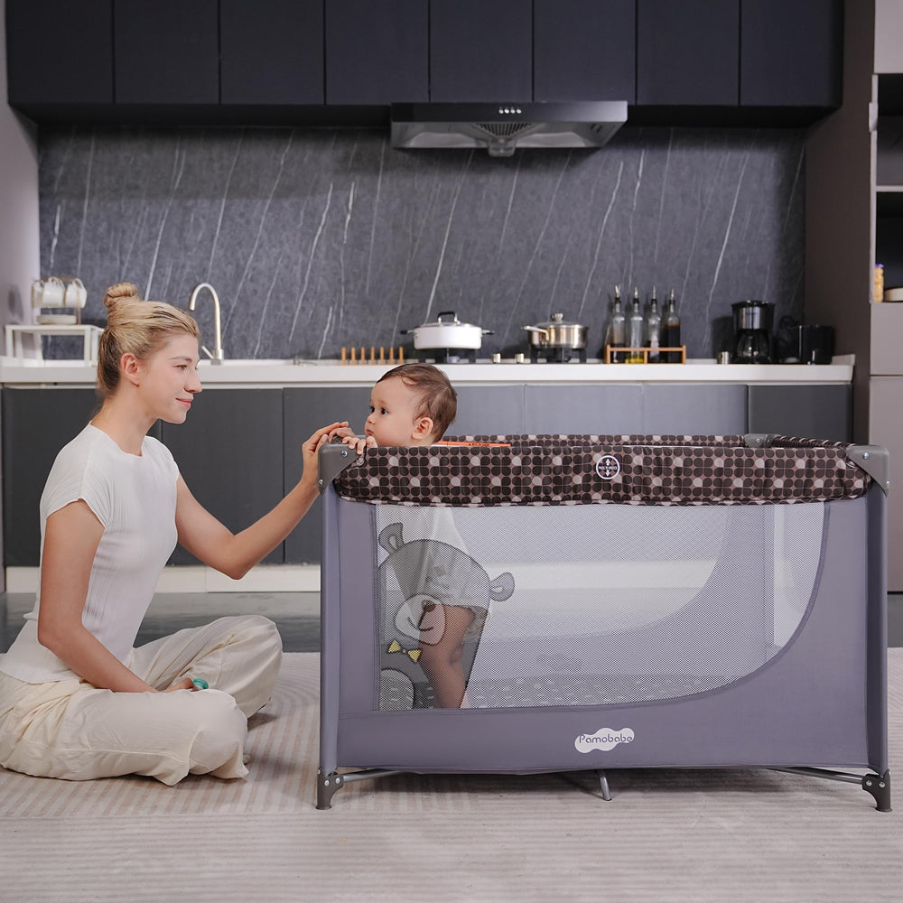 Pamo Babe portable-crib-playpen-grey-mattress cushions baby during rest and play