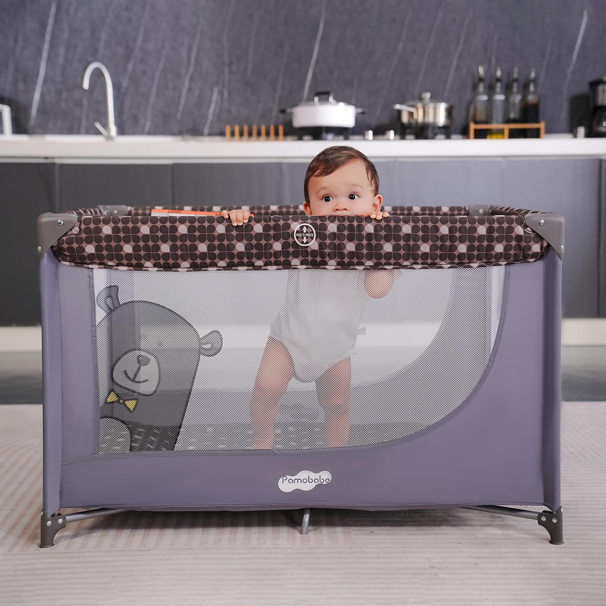 Pamo Babe portable-crib-playpen-grey-mesh-walls ensures airflow and visibility