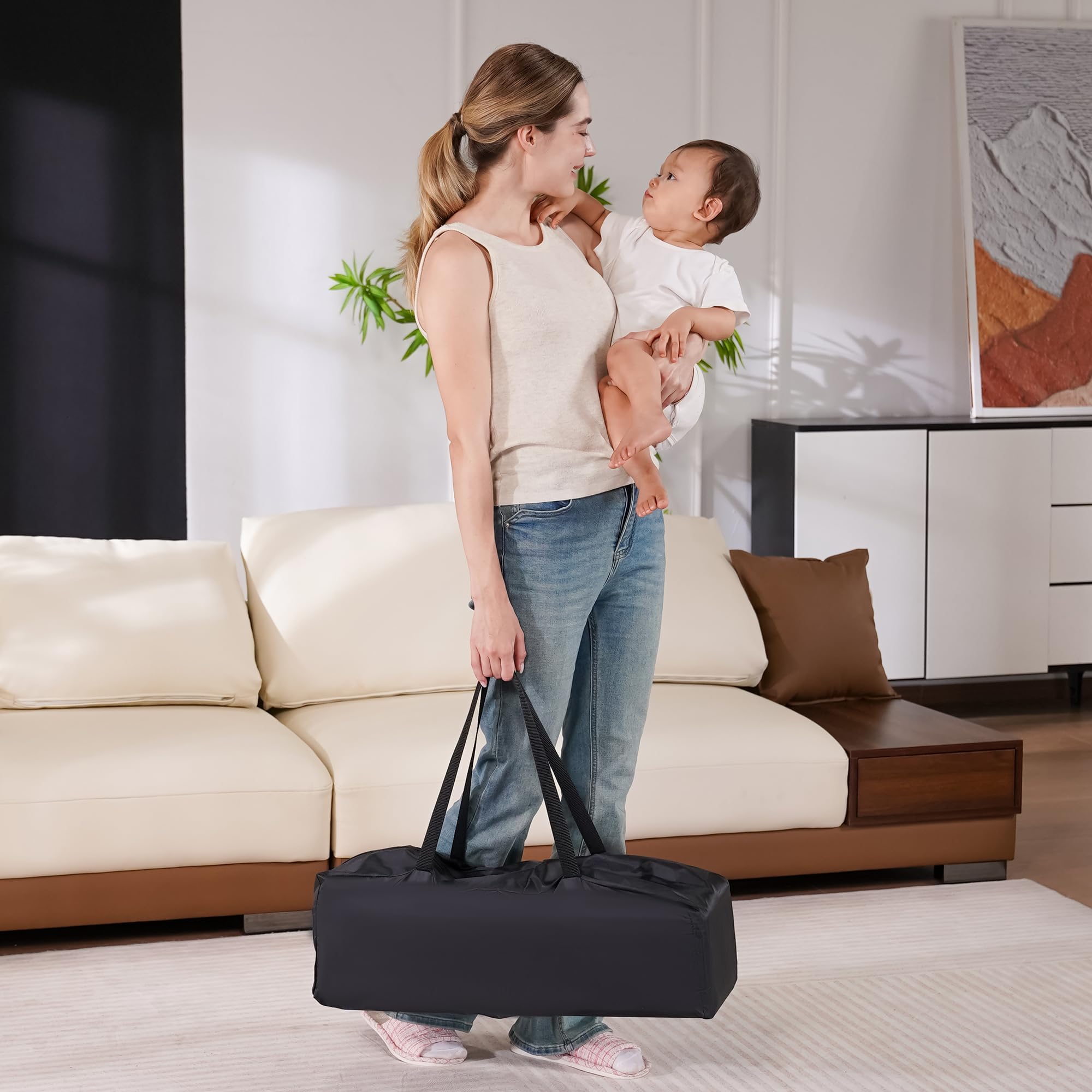 Pamo Babe portable-crib-playpen-grey-weight-limit-33-lbs supports growing baby safely