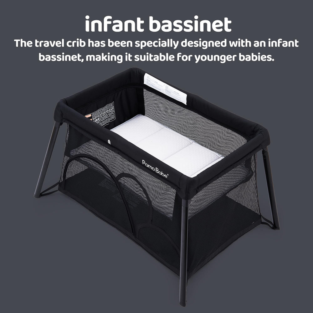 Pamo Babe travel crib breathable mesh panels for airflow and visibility.