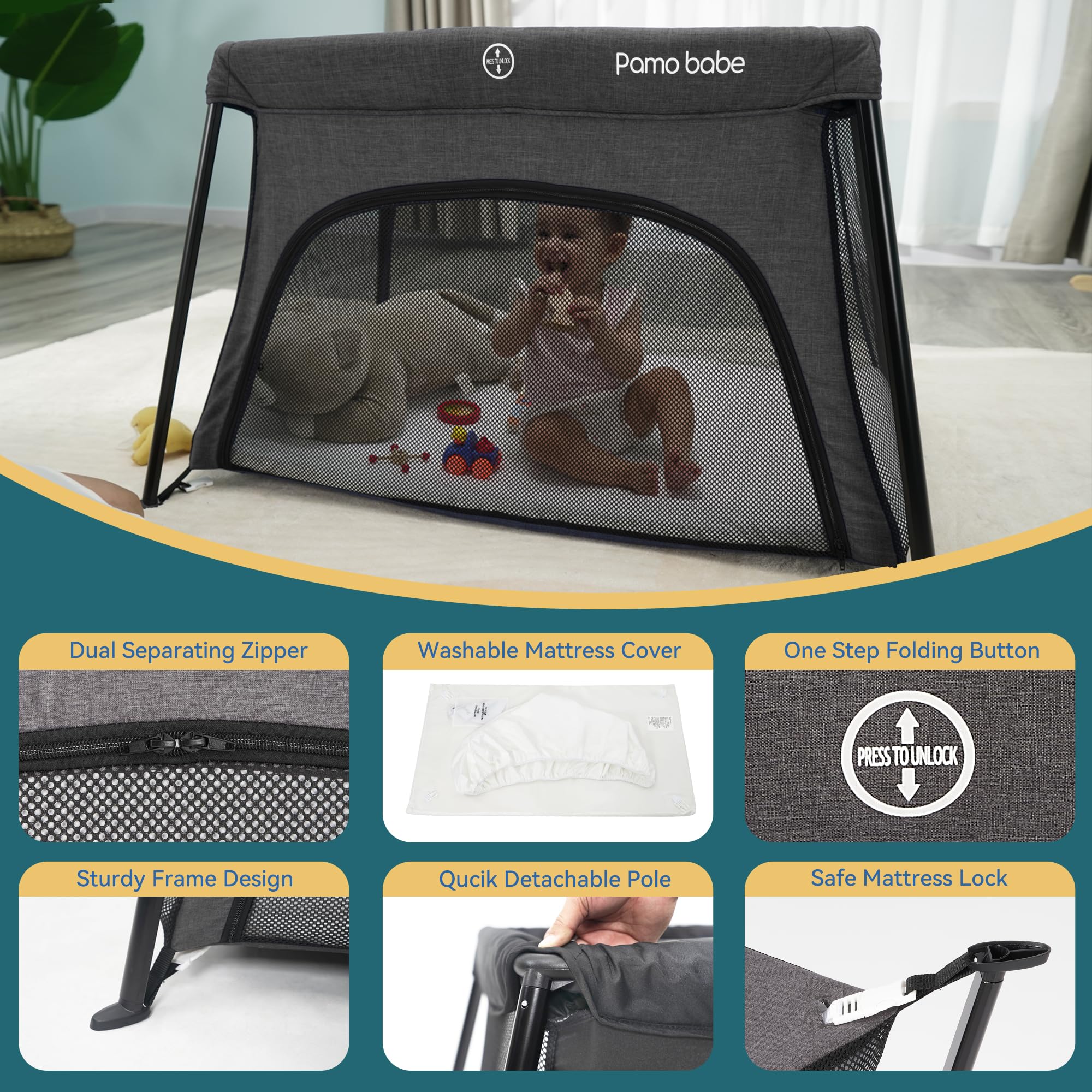 Pamo Babe travel crib detachable legs indicating versatile setup