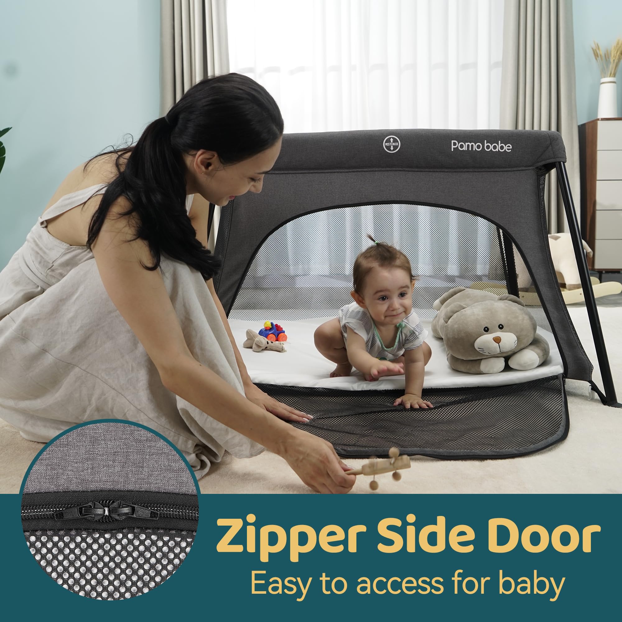 Pamo Babe travel crib foldable frame demonstrating compact storage