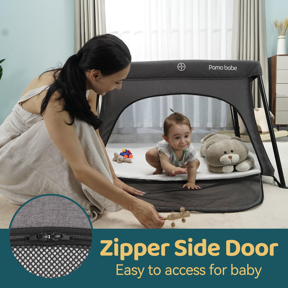 Pamo Babe travel crib foldable frame demonstrating compact storage