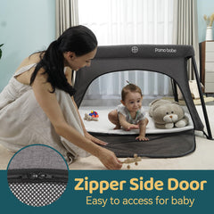 Pamo Babe travel crib foldable frame demonstrating compact storage
