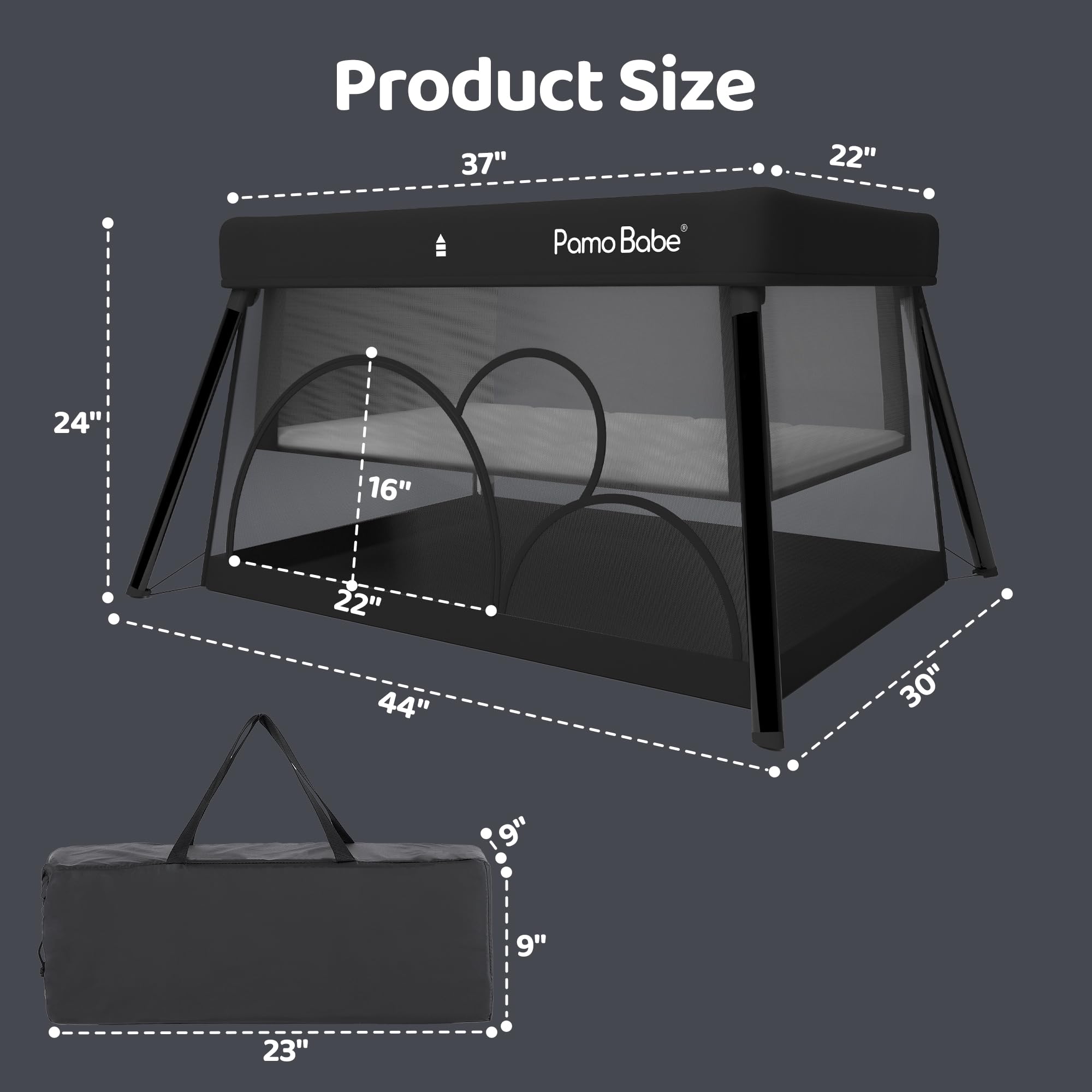 Pamo Babe travel crib with zippered door for easy access.