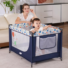 Pamo Babe blue bassinet with carry bag for travel ease.