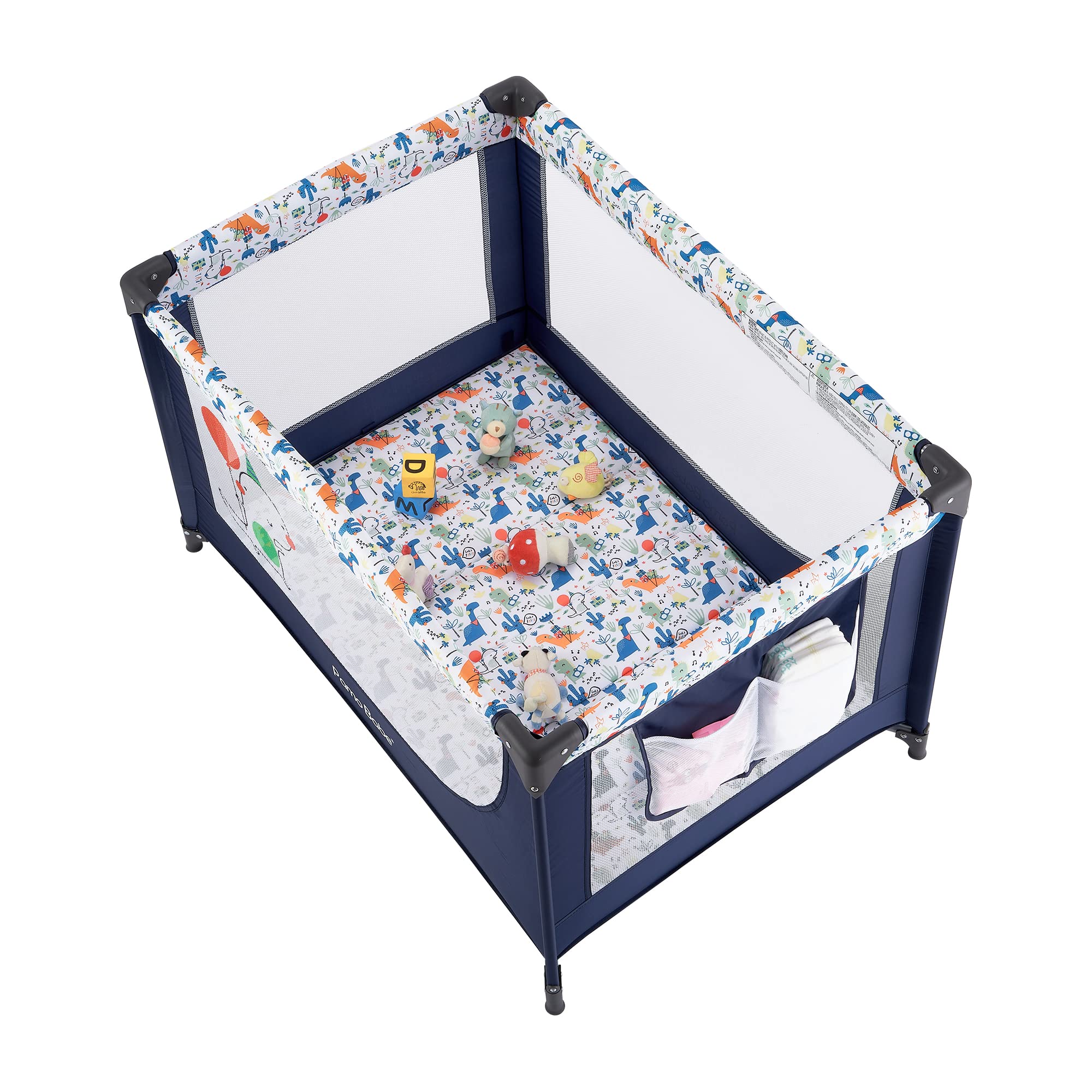 Pamo Babe blue bassinet in-use shows safe play space.
