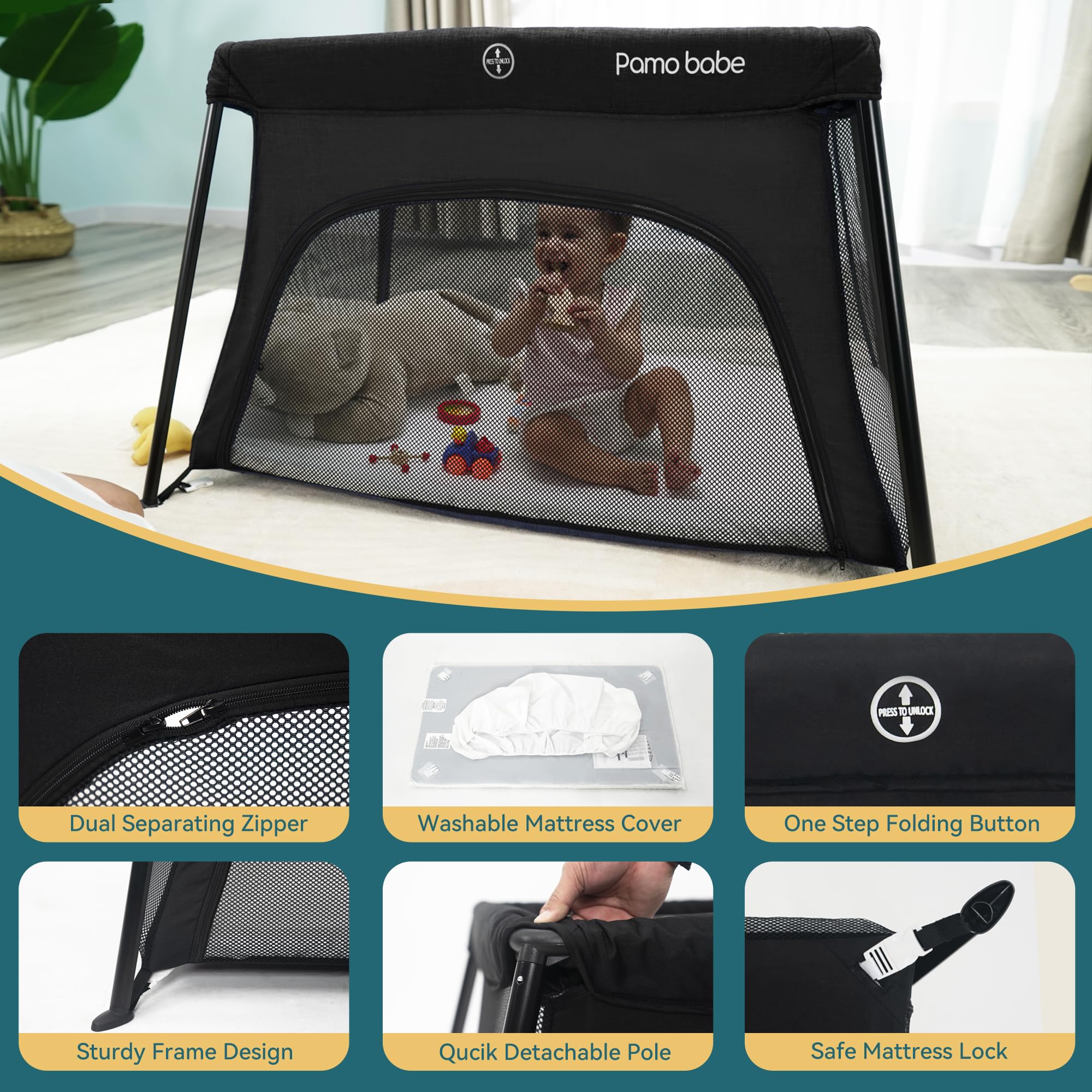 Pamo Babe travel crib foldable frame speeds up setup and packing