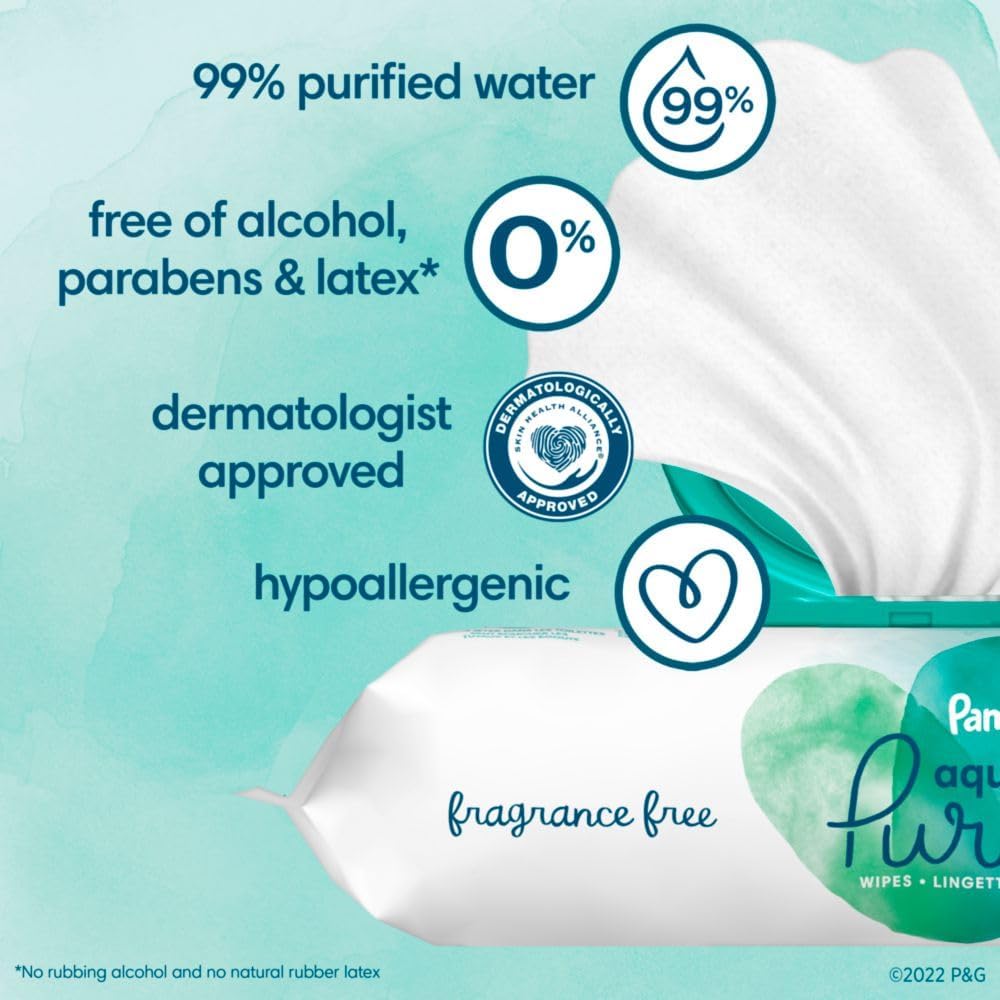 Pampers Aqua Pure Baby Wipes support quick diaper changes with gentle cleansing.