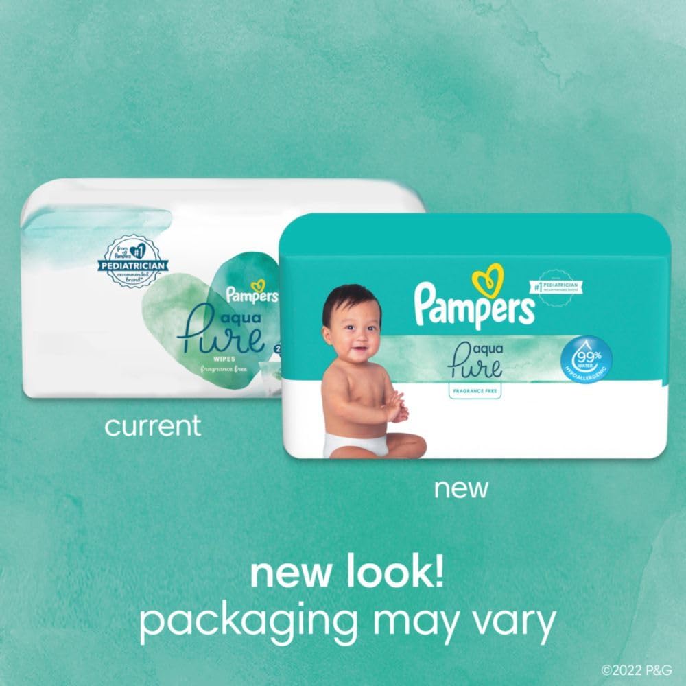 Pampers Aqua Pure Baby Wipes shown for on-the-go hand and face cleaning.