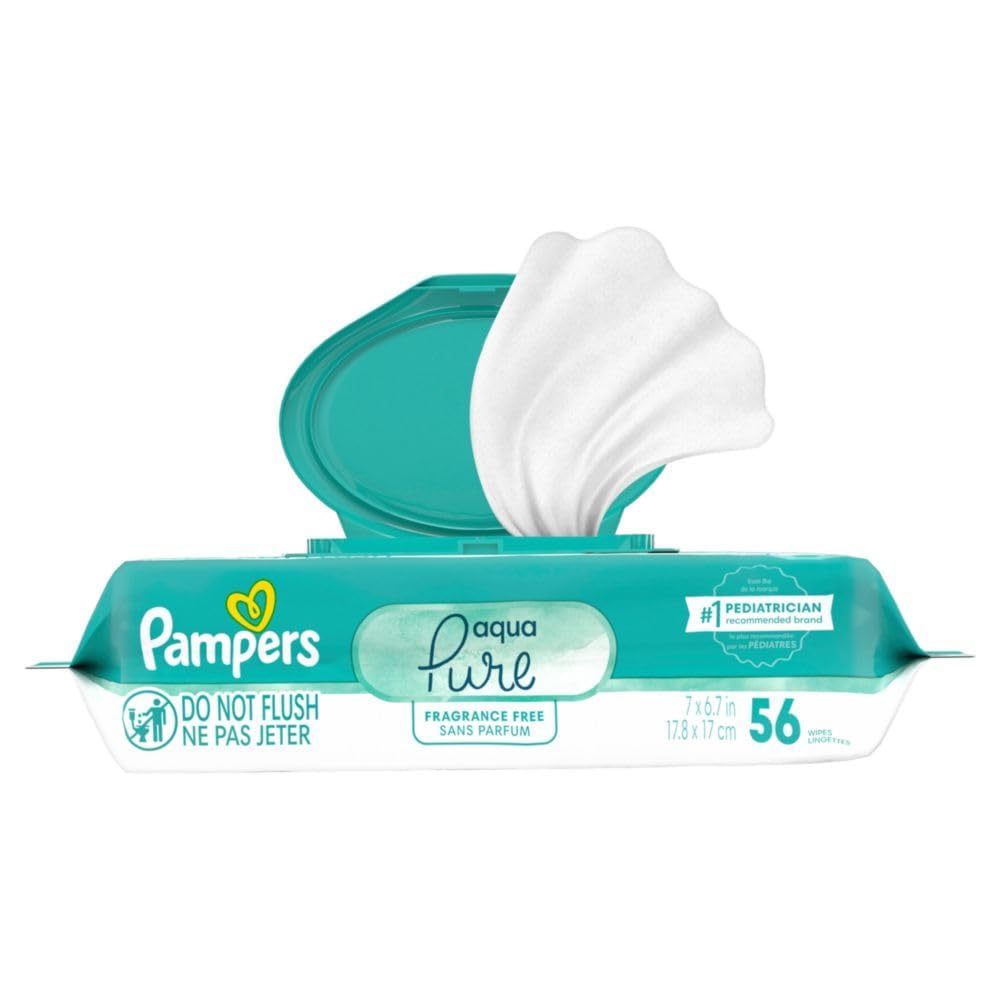 Pampers Aqua Pure Baby Wipes 56ct packaging with resealable lid for on-the-go messes.