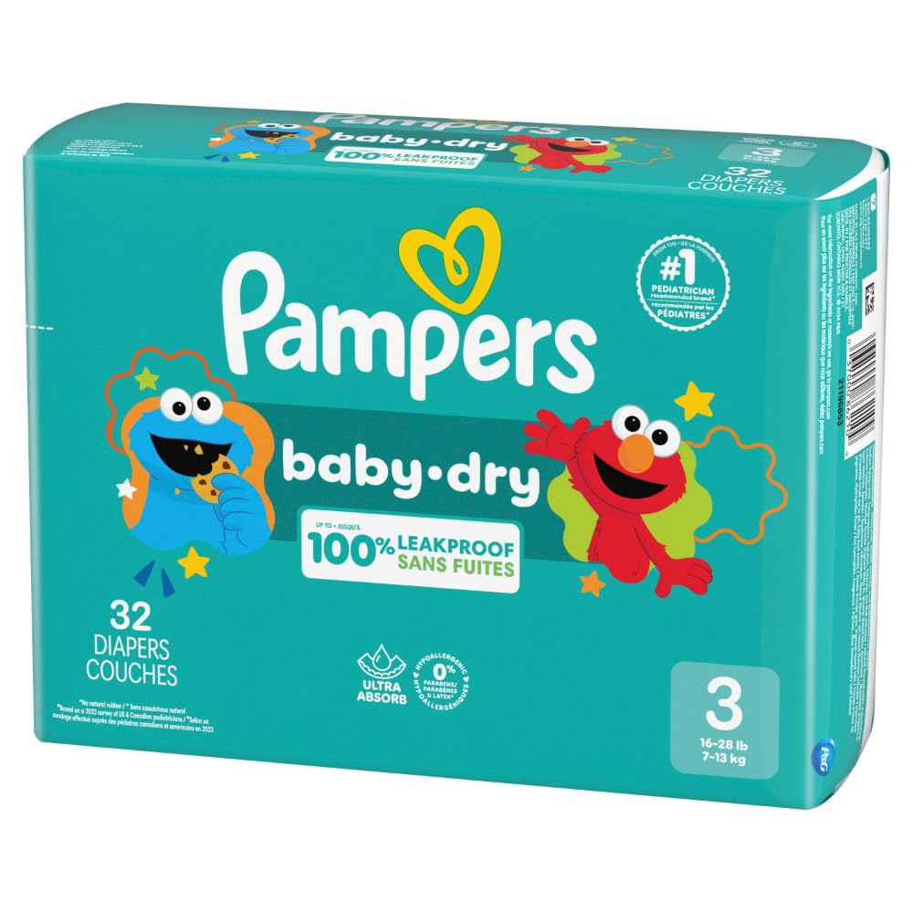 Pampers Baby-Dry size 3 32-count packaging highlights easy shopping.