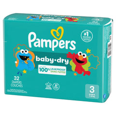 Pampers Baby-Dry size 3 32-count packaging highlights easy shopping.