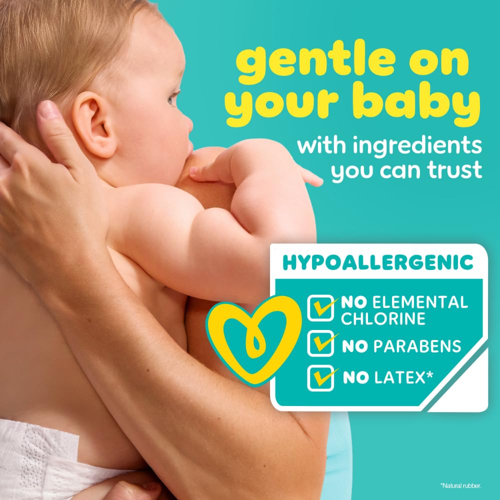 Pampers Baby-Dry hypoallergenic design is gentle on skin.