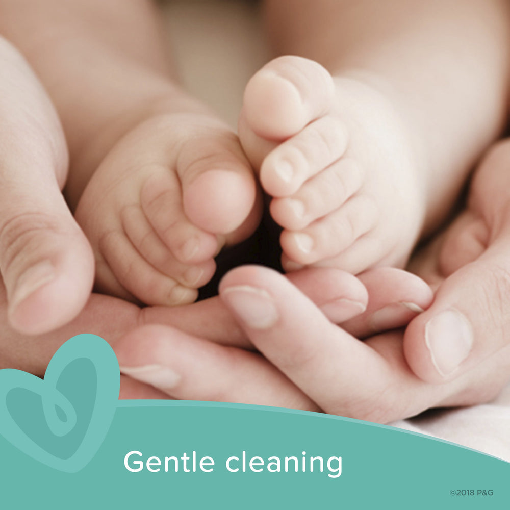 Pampers dermatologist-tested hypoallergenic label on wipes for sensitive-skin reassurance.