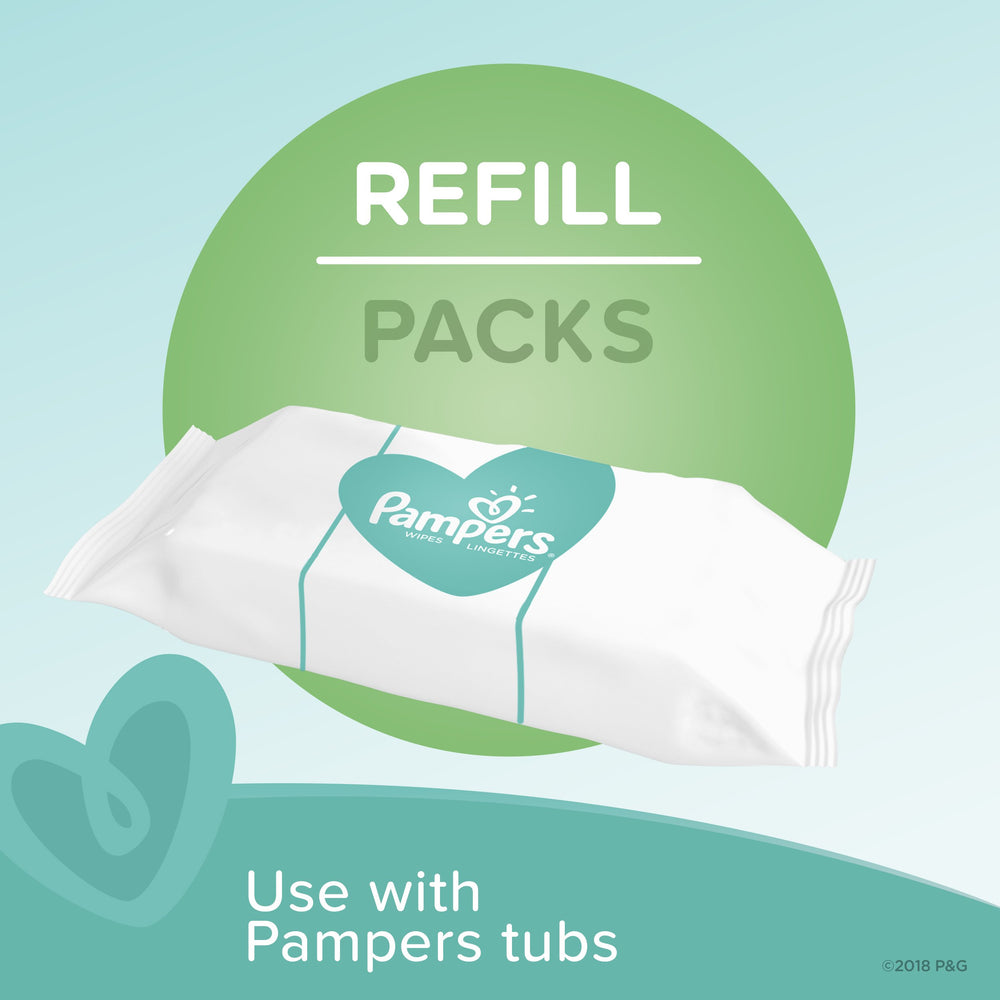 Pampers Baby Wipes dispenser tub with refill pack enables easy on-the-go messes.