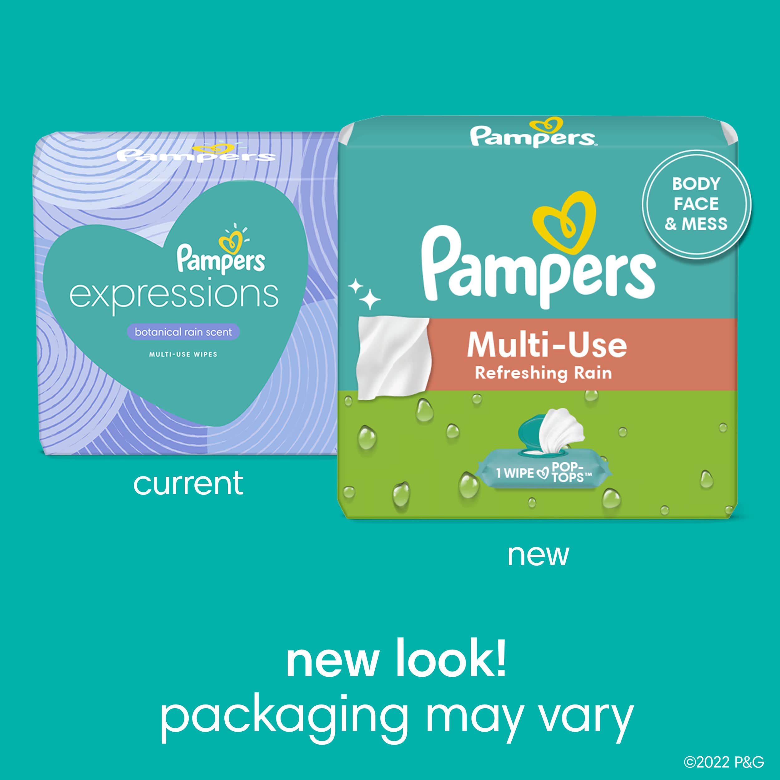Pampers Multi-Use Wipes pop-top close-up, convenient one-wipe-at-a-time cleanup.