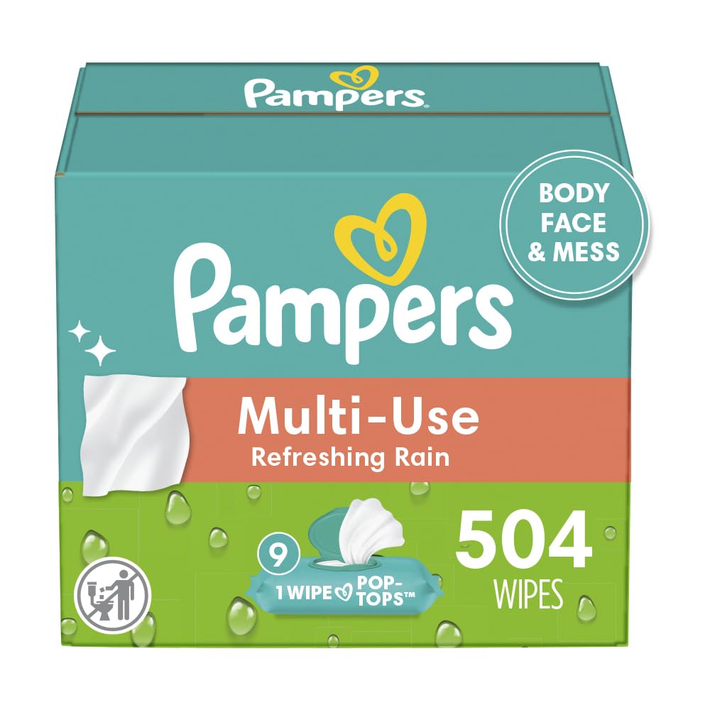 Pampers Baby Wipes Multi-Use Refreshing Rain pop-top packs, easy 9x dispensing for on-the-go messes.