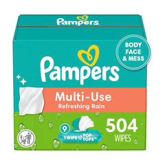 Pampers Baby Wipes Multi-Use Refreshing Rain pop-top packs, easy 9x dispensing for on-the-go messes.