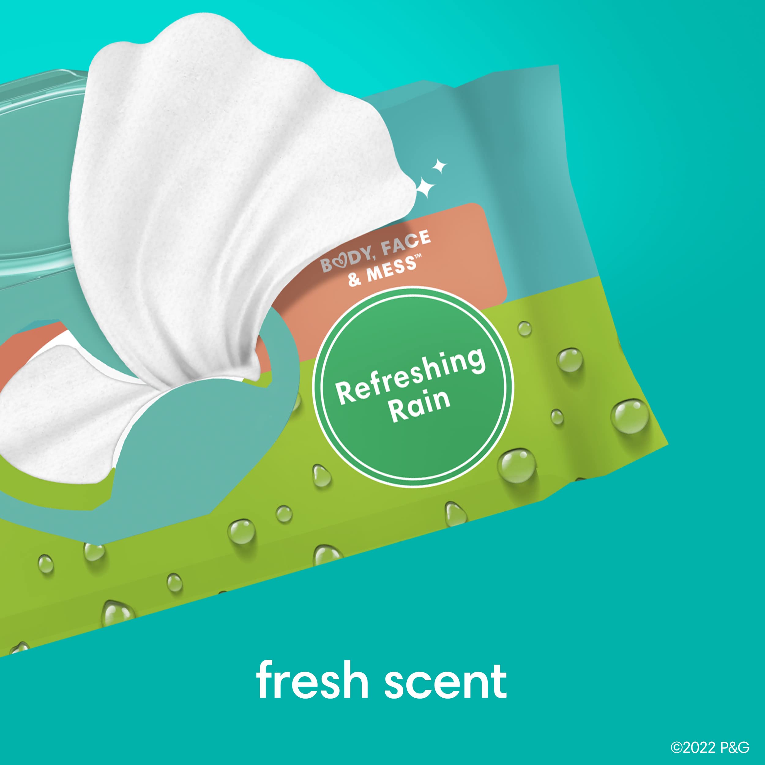 Pampers Refreshing Rain scent feature on wipes, delivering a bright, refreshed feeling.