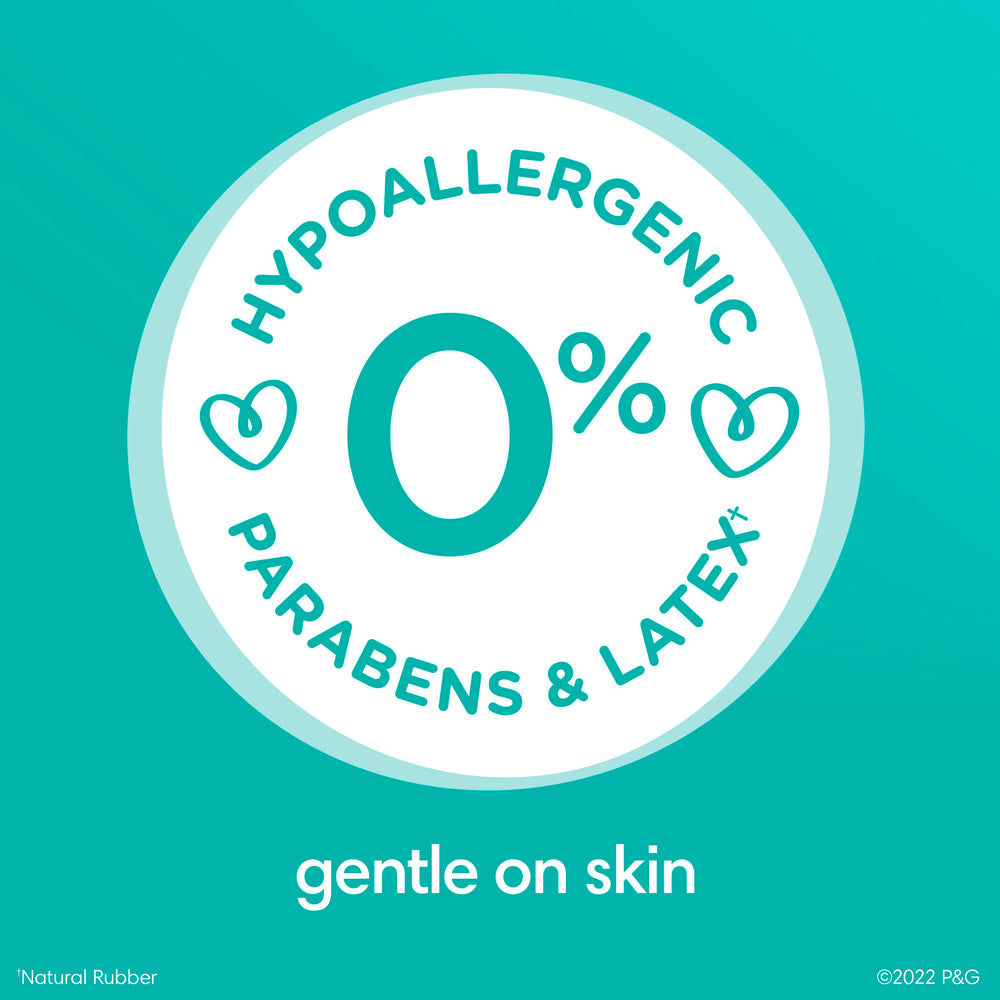 Pampers Skin-Friendly hypoallergenic, latex-free wipes for sensitive skin.