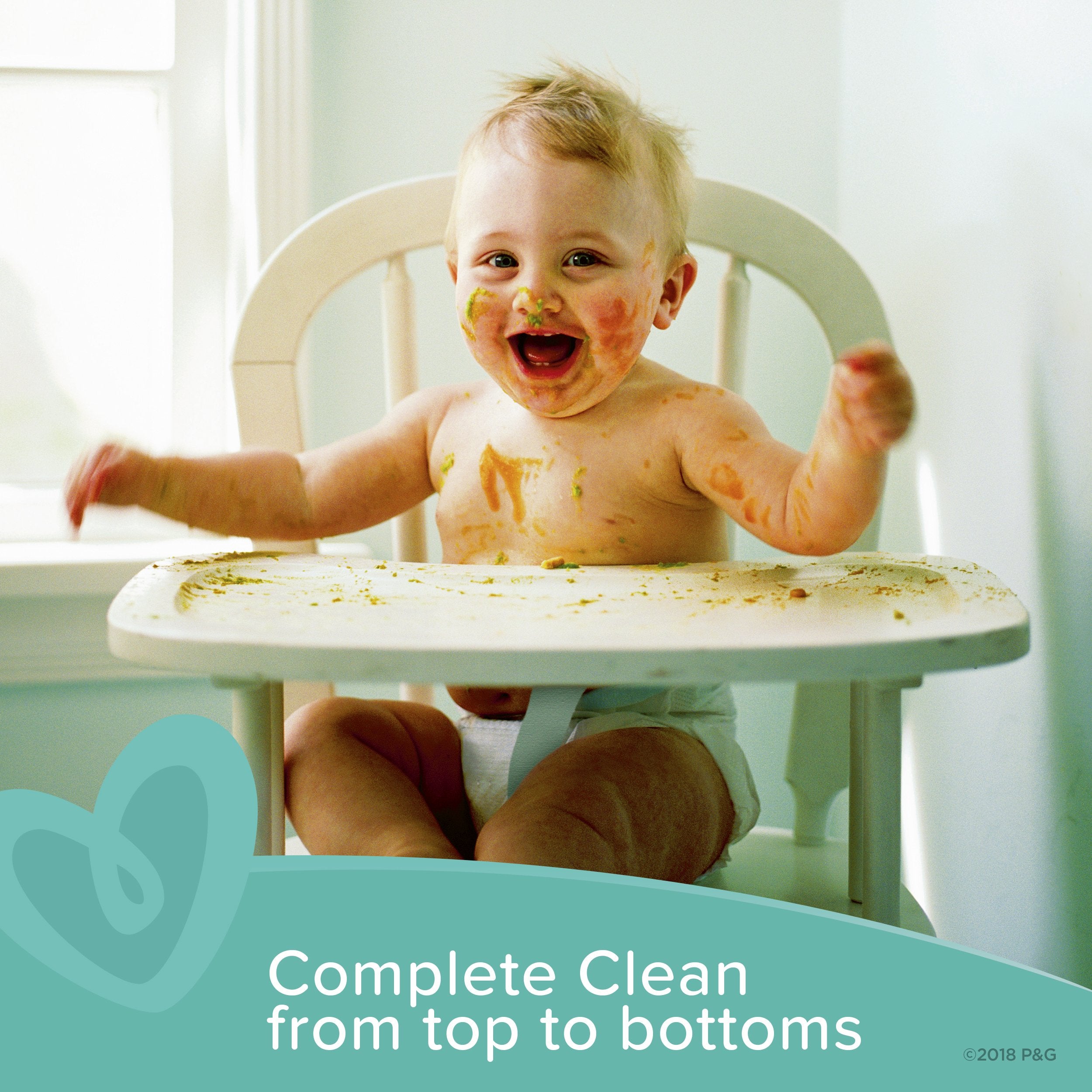 Pampers Complete Clean unscented packaging close-up emphasizing fragrance-free formula.