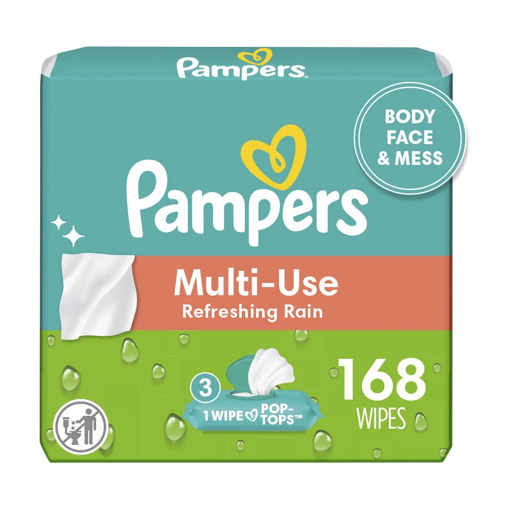 Pampers Multi-Use Wipes Refreshing Rain pack close-up for a fresh clean.